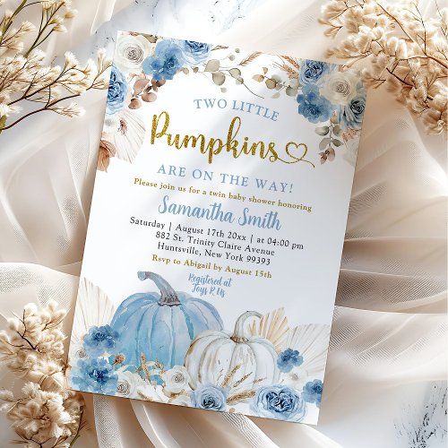 Boho Blue Pumpkin Twins Boy Baby Shower Invitation