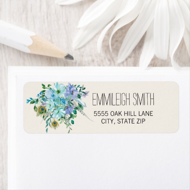 Boho Blue Purple Floral Feathers Cream Label (Insitu)