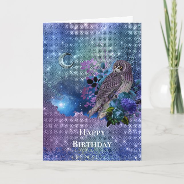 Boho Blue Purple Owl Moon Birthday Card (Front)