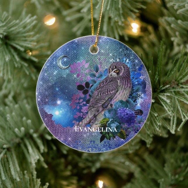 Boho Blue Purple Owl Moon Ceramic Ornament (Tree)