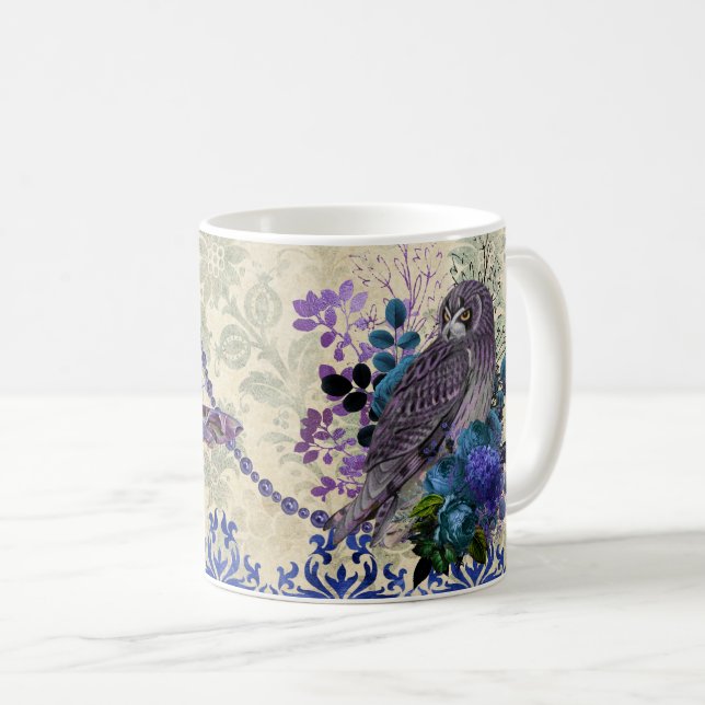 Boho Blue Purple Owl Moon Coffee Mug (Front Right)