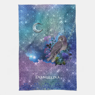 Boho Blue Purple Owl Moon Kitchen Towel