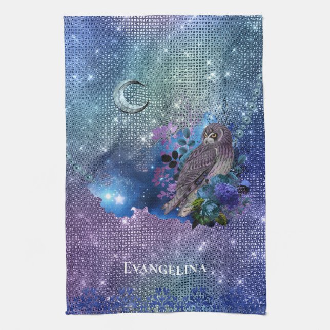Boho Blue Purple Owl Moon Kitchen Towel (Vertical)