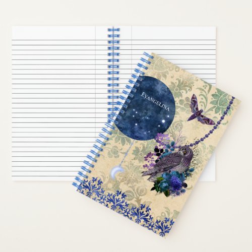 Boho Blue Purple Owl Moon Notebook