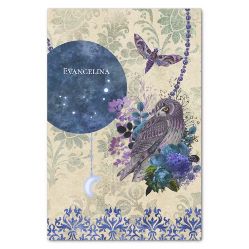Boho Blue Purple Owl Moon Tissue Paper
