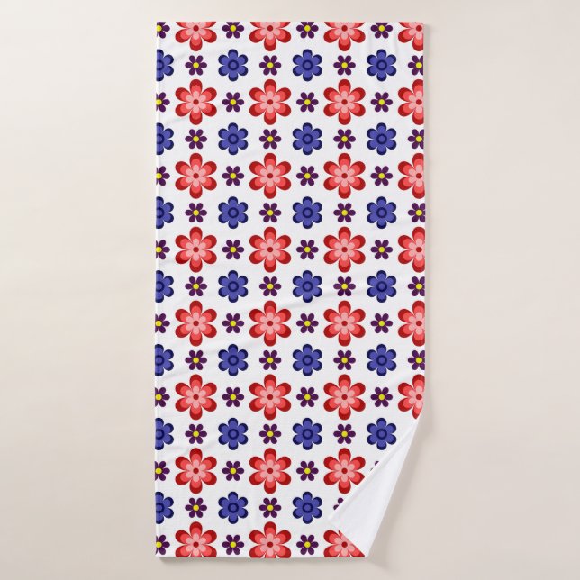 Boho Blue Purple Red Flowers Bath Towel (Bath Towel)