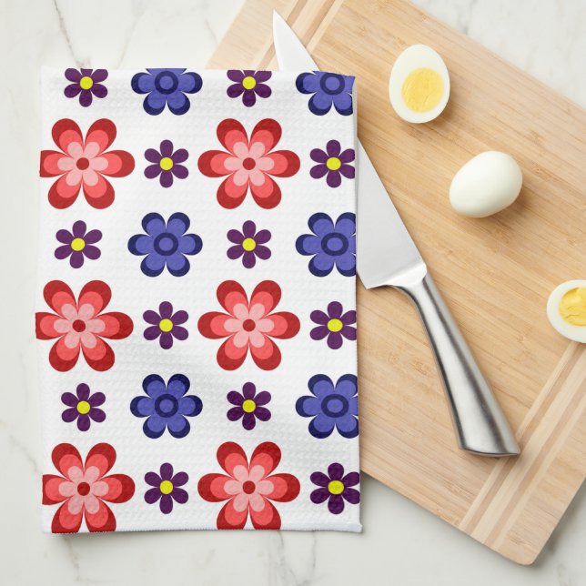 Boho Blue Purple Red Flowers Kitchen Towel (Quarter Fold)