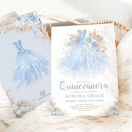Boho Blue Quinceaera Princess Dress Birthday Invitation