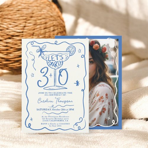 Boho blue quirky whimsical scribbles 30 birthday invitation