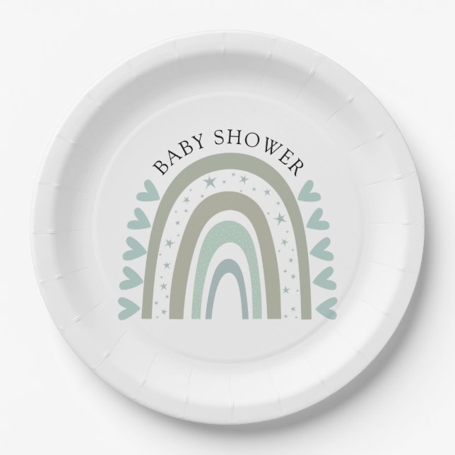 Boho Blue Rainbow Baby Boy Shower Paper Plates (Front)