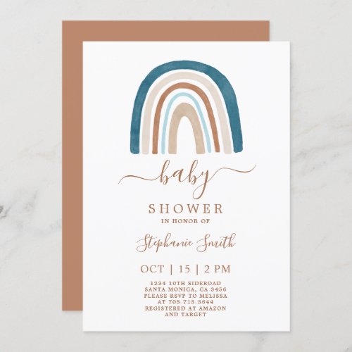 Boho Blue Rainbow Baby Shower Boy Invitation