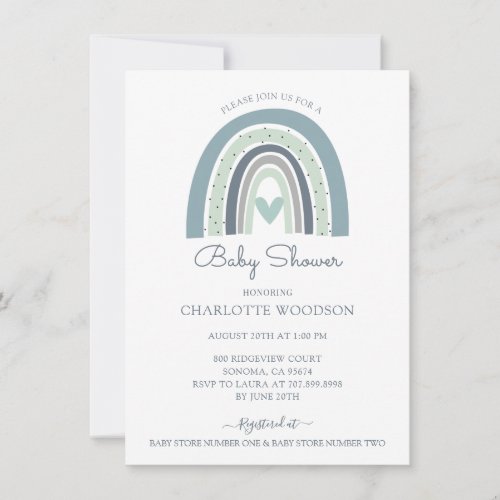 Boho Blue Rainbow Heart Baby Shower Invitation