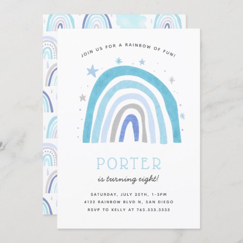 Boho Blue Rainbow Kids Birthday Party Invitation