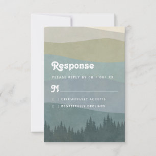 Boho Blue Retro Mountains & Trees Vertical Wedding RSVP Card