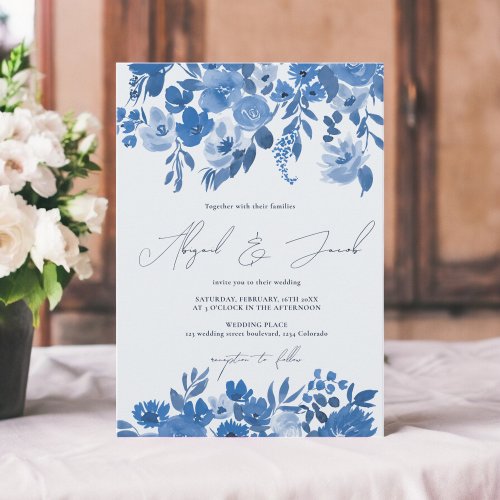 Boho blue rustic hand painted floral wedding invitation