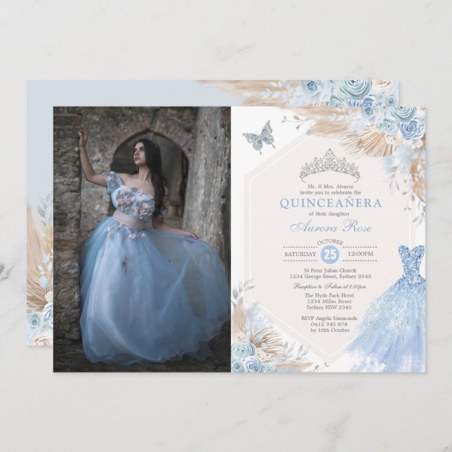 Boho Blue Silver Quinceañera 15th Birthday Photo Invitation (Front/Back)
