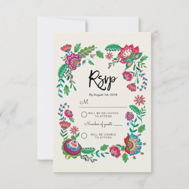 Boho Blue Stripe Folk Flowers | Rsvp Reply Wedding (Front)