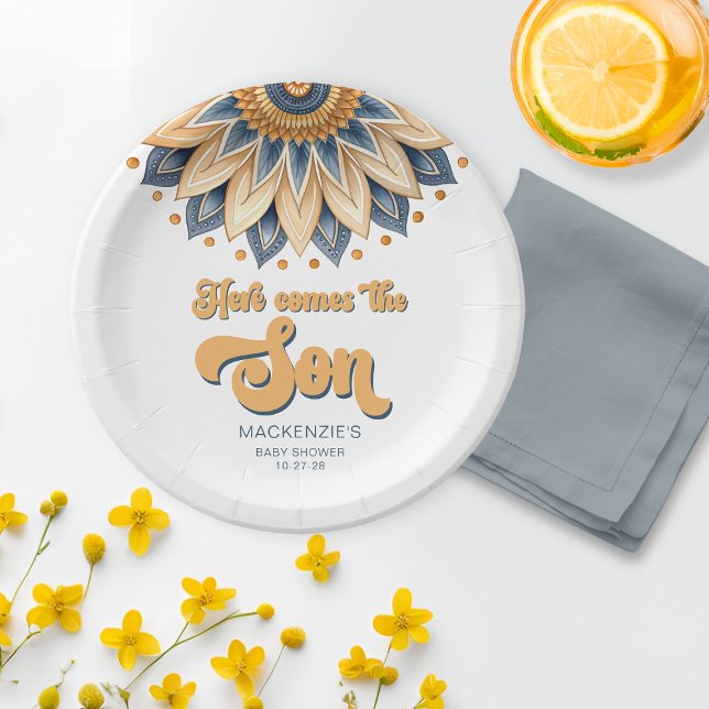 Boho Blue Sunflower Retro Typography Baby Shower Paper Plates (Boho Blue Sunflower Retro Typography Baby Shower Napkins)