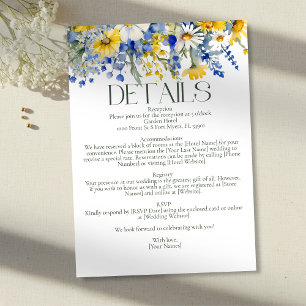 Boho Blue Sunny Yellow Wildflowers Wedding Details Enclosure Card
