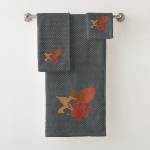 Boho Blue Terracota Red Yellow Brown Floral Bath Towel Set