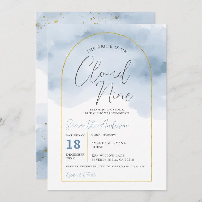 Boho Blue The Bride is on Nine Cloud Bridal Shower Invitation (Front/Back)