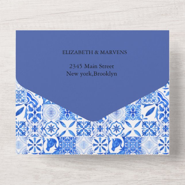 Boho Blue tile and Lemon Arch wedding All In One Invitation (Back)