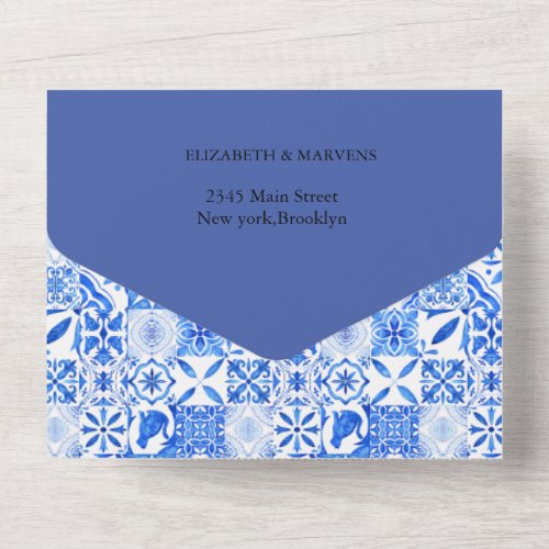 Boho Blue tile and Lemon Arch wedding All In One Invitation