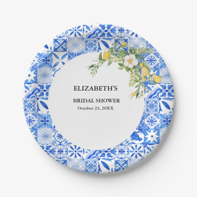 Boho Blue tile and Lemon wedding Arch Paper Plates (Front)