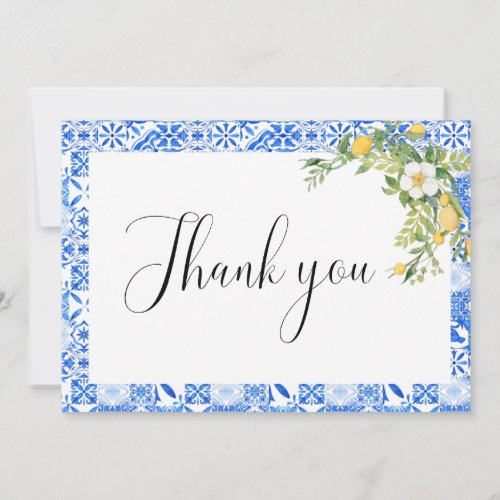 Boho blue tile lemon  Bridal Shower Thank You Card