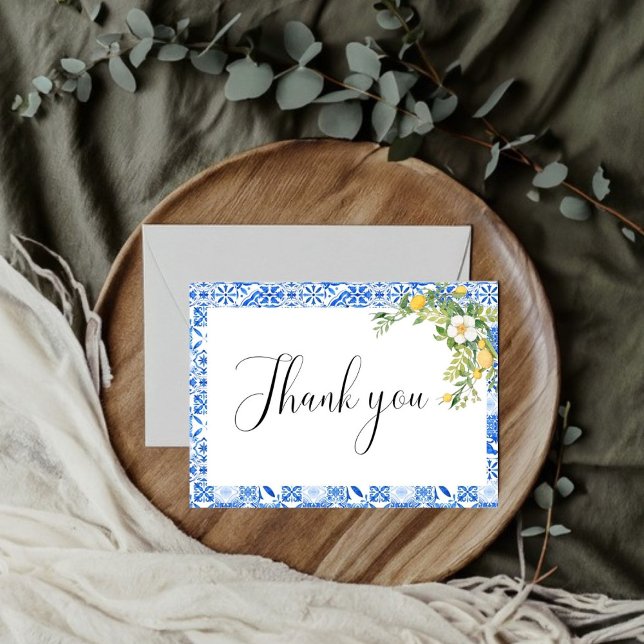 Boho blue tile lemon  Bridal Shower Thank You Card (Creator Uploaded)