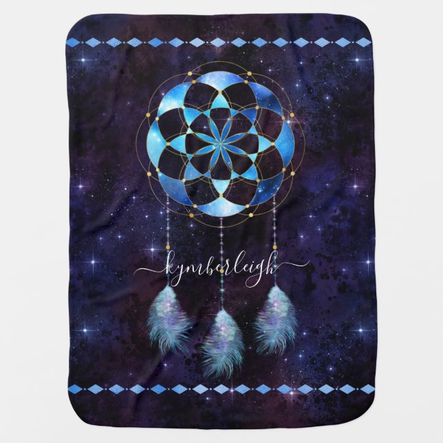 Boho Blue Tribal Celestial Mandala Dreamcatcher Baby Blanket (Front)