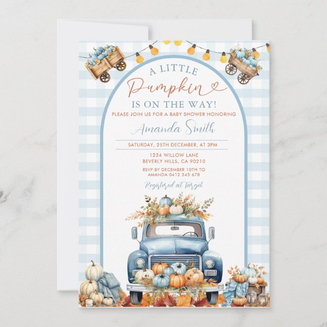 Boho Blue Truck Pumpkin Is on the way Baby Shower Invitation (Front)