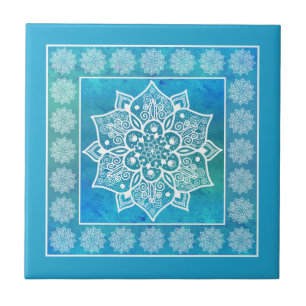 Boho blue turquoise watercolor mandala floral ceramic tile
