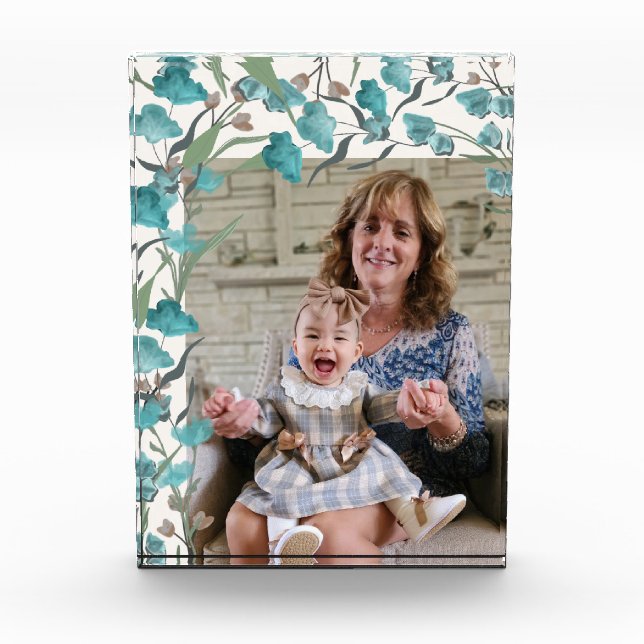 Boho Blue Turquoise Watercolor Wildflower Grandma Photo Block (Front)