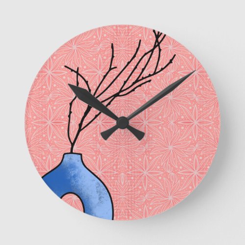 Boho Blue Vase Soft Pink Floral Background Clock