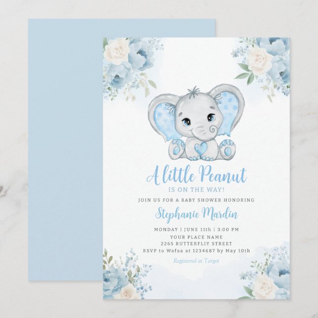Boho Blue Watercolor Boy Elephant Baby Shower Invitation (Front/Back)