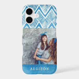 Boho Blue Watercolor Chevron Monogrammed Photo iPhone 17 Case