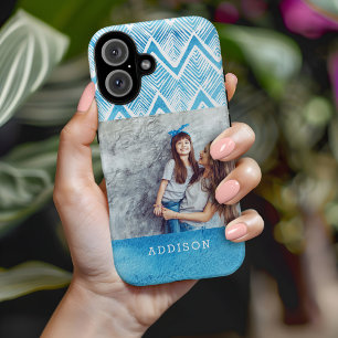 Boho Blue Watercolor Chevron   Monogrammed Photo iPhone 16 Case