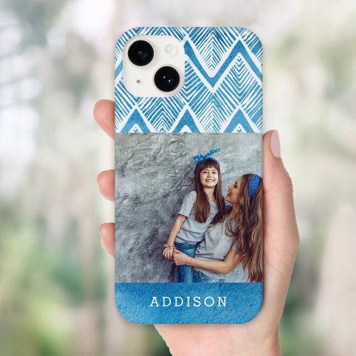 Boho Blue Watercolor Chevron  Monogrammed Photo Case_Mate iPhone 14 Case