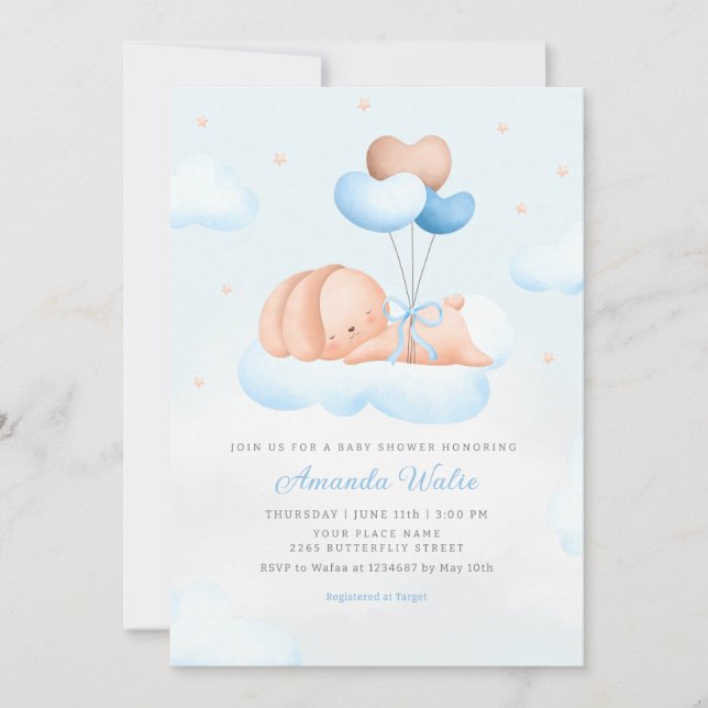 Boho Blue Watercolor Cute Balloon Boy Baby Shower Invitation (Front)