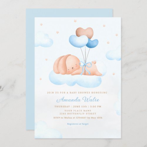 Boho Blue Watercolor Cute Balloon Boy Baby Shower Invitation