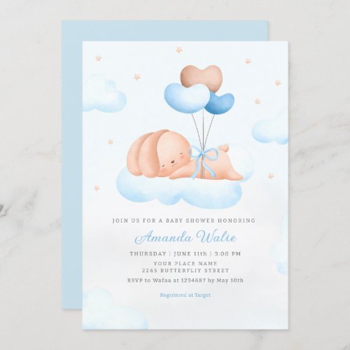 Boho Blue Watercolor Cute Balloon Boy Baby Shower Invitation