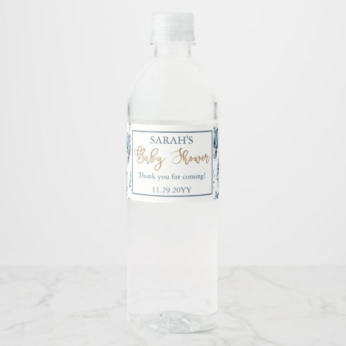 Boho Blue Watercolor Floral Baby Shower Thank You Water Bottle Label