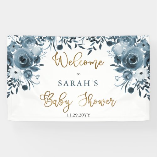 Boho Blue Watercolor Floral Baby Shower Welcome Banner