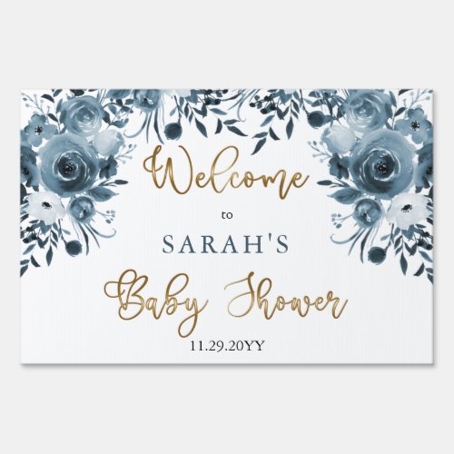 Boho Blue Watercolor Floral Baby Shower Welcome Sign