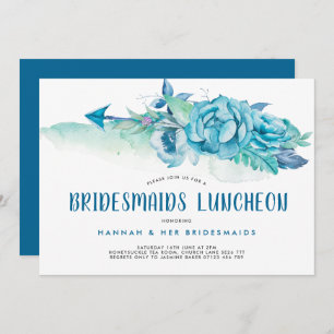Boho Blue Watercolor Floral Bridesmaids Luncheon Invitation