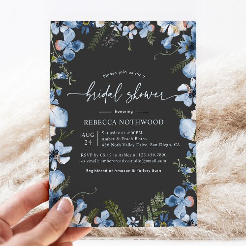 Boho Blue Watercolor Floral Charcoal Bridal Shower Invitation
