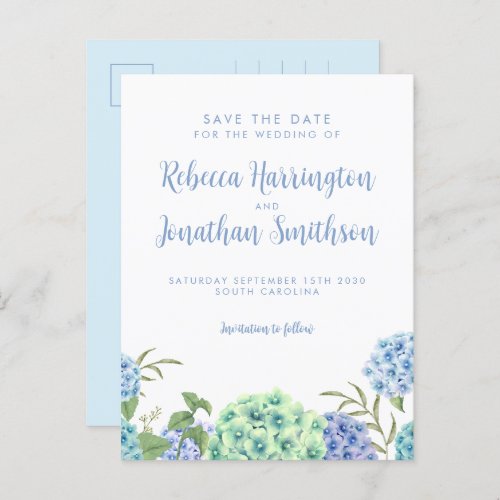 Boho Blue Watercolor Floral Wedding Save The Date  Postcard