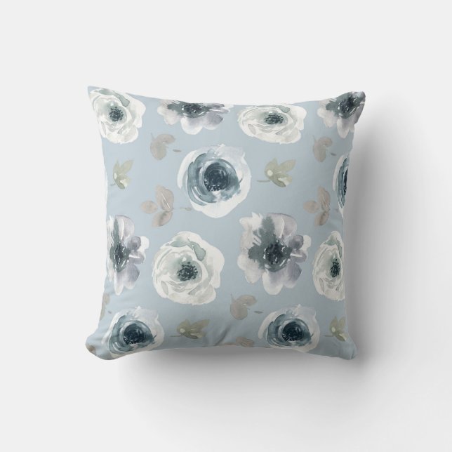 Boho Blue Watercolor Flowers Throw Pillow (Front)