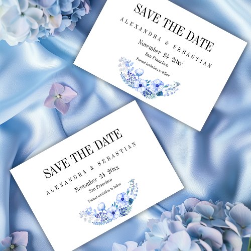 Boho Blue Watercolor Flowers Wedding  Save The Date